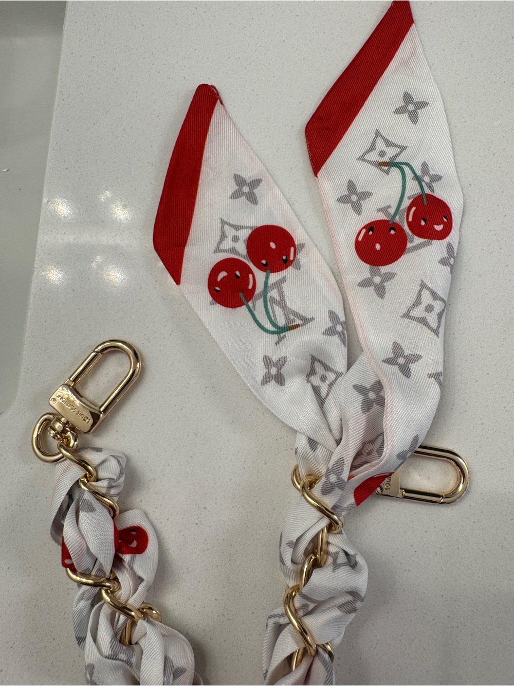 Cherry Print Scarf Bag Charm Gold Tone Purse Accessory - Picture 3 of 4